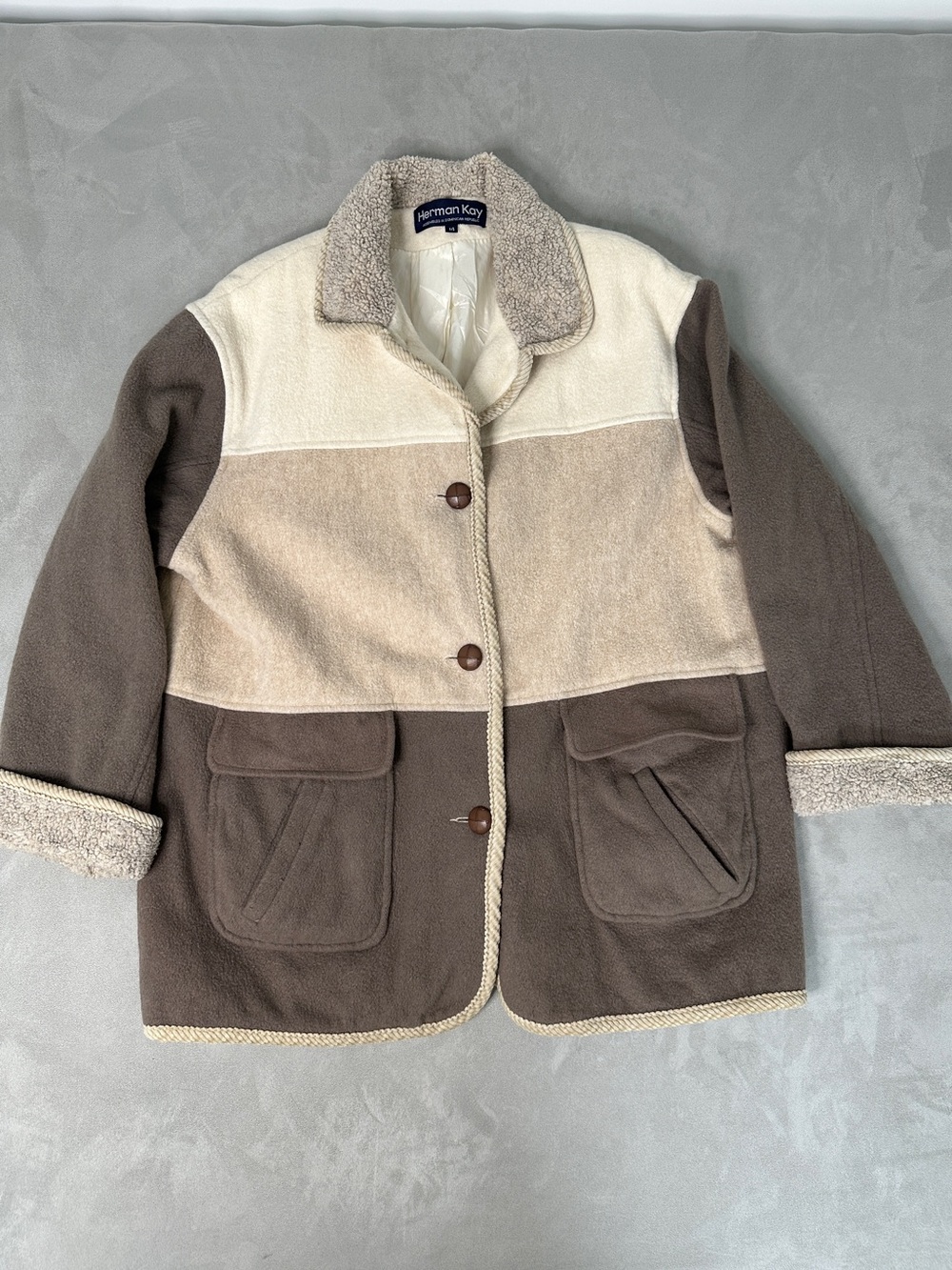 Herman Kay Colorblock Fleece Coat in Cream & Brown